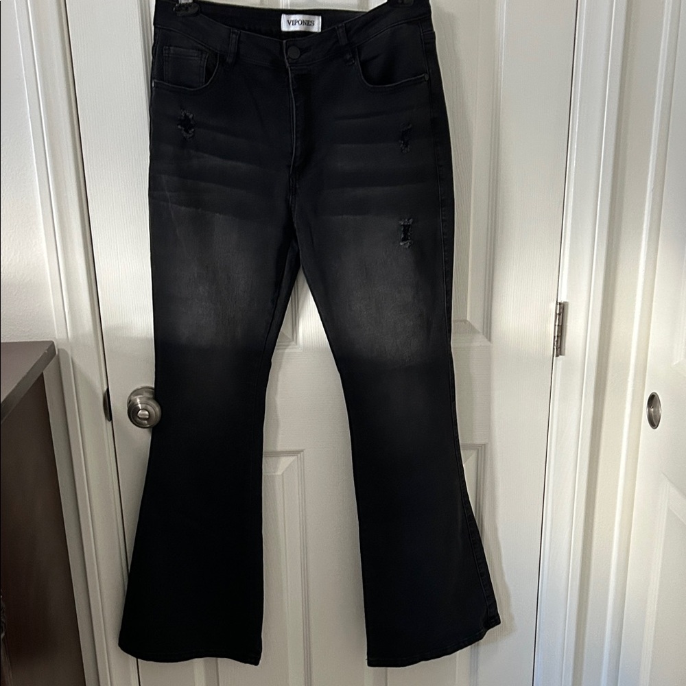 Vipones Women’s Black Flare Distressed Jeans, Size 14